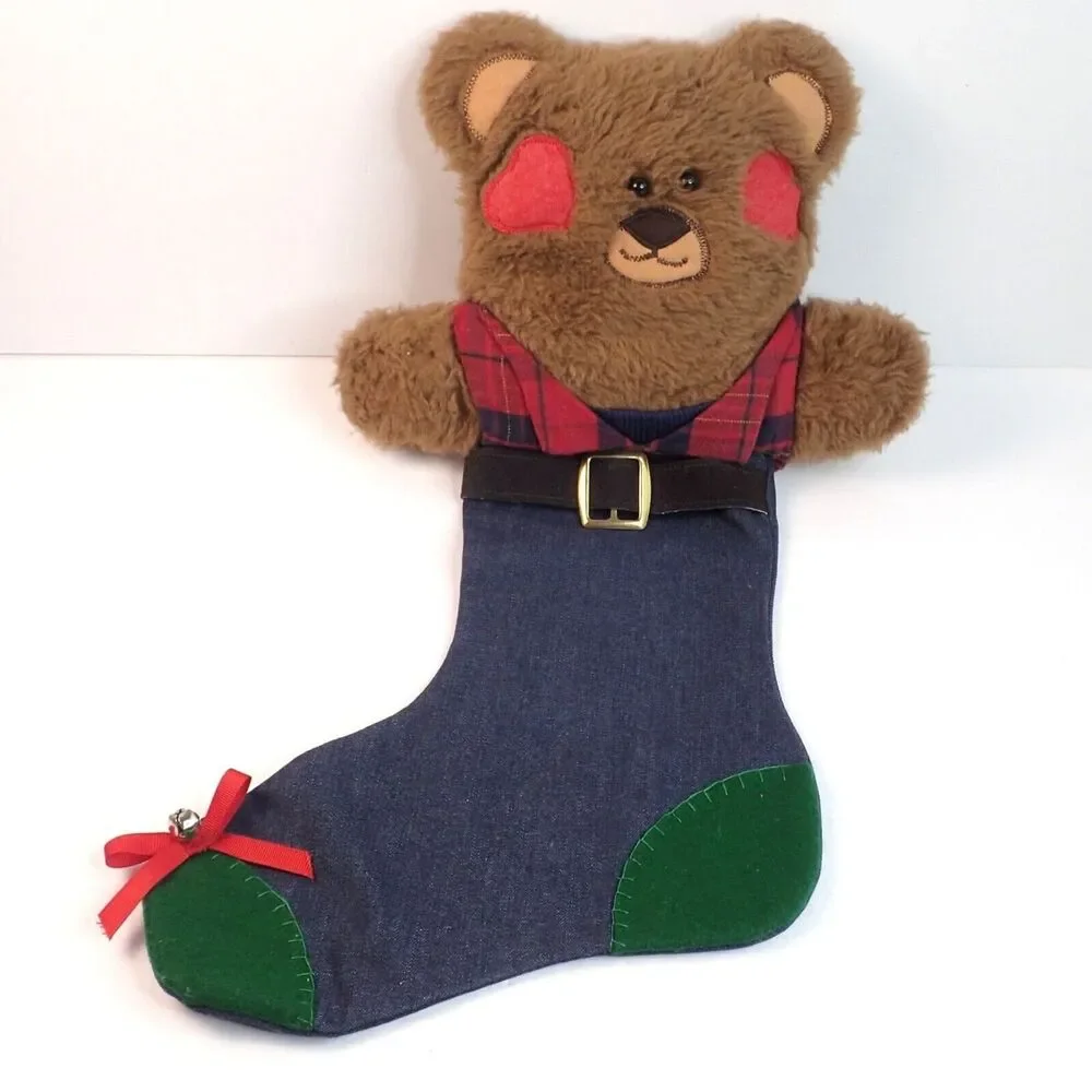 Christmas Stocking Denim 3D Bear Plush Head Vintage 20